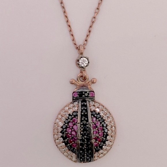 🐞 925 Silver ladybug necklace cz stones 14k rose gold plated 🐞